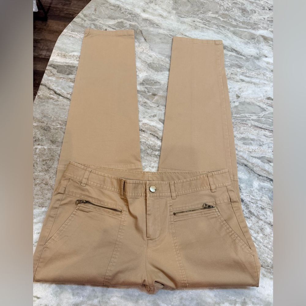 Q Mack Camel Straight Leg Pants Size 6 Stretch Twill